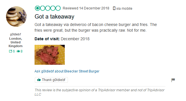 A bad review from TripAdvisor on Bleecker Burger.