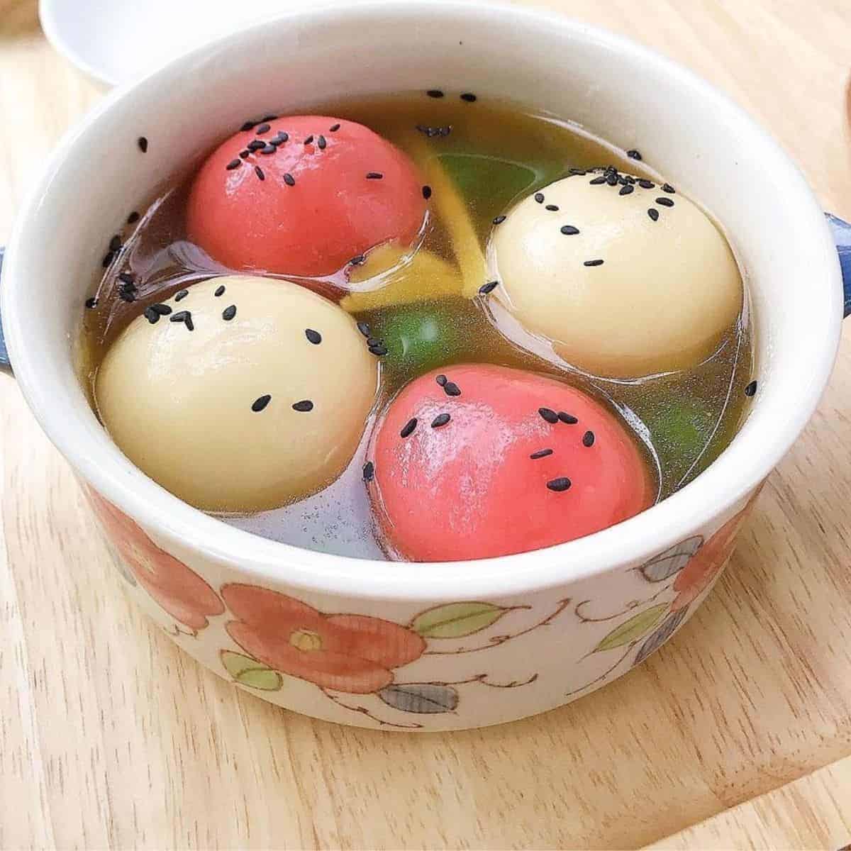 Tang Yuan recipe glutinous rice balls colourful with a sprinkle of black sesame seeds