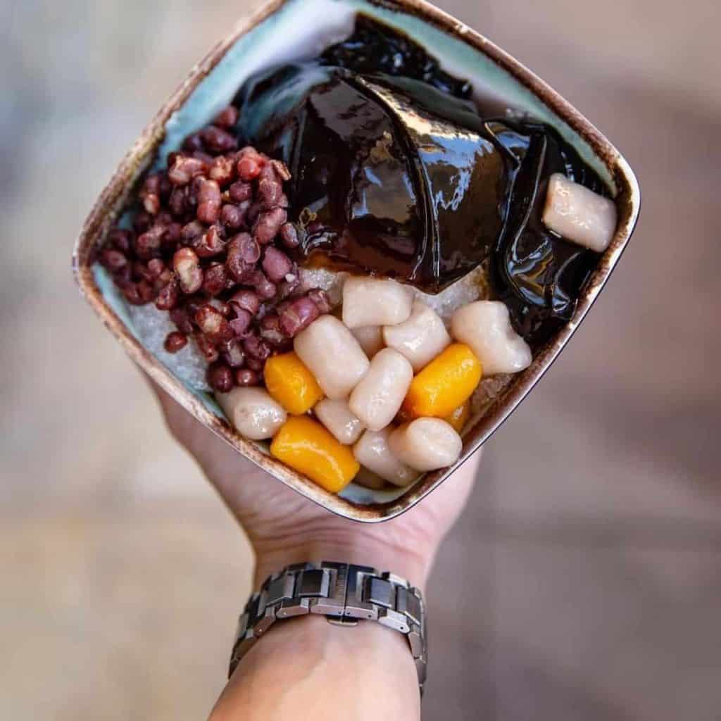 grass jelly dessert with taro balls and red bean