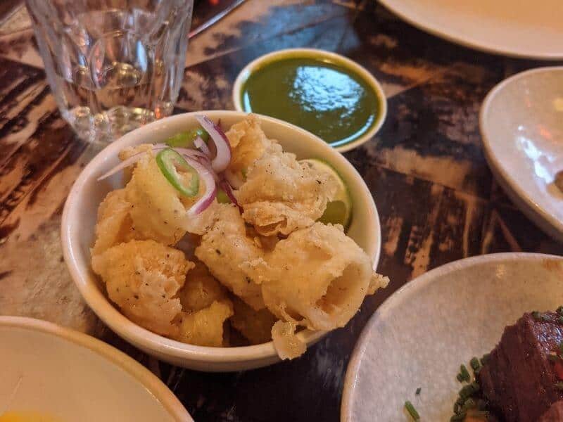 Calamares with pickled jalapeno miso salsa