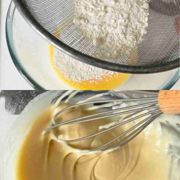 sift flour into korean egg bread pancake mix