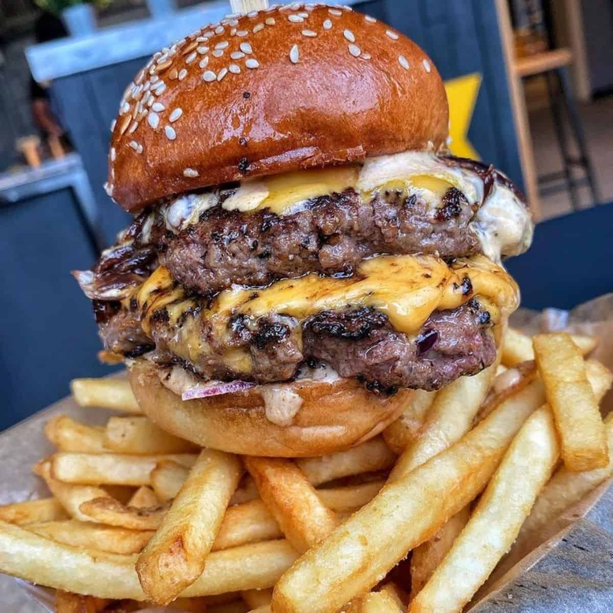 Double cheese burger on chips