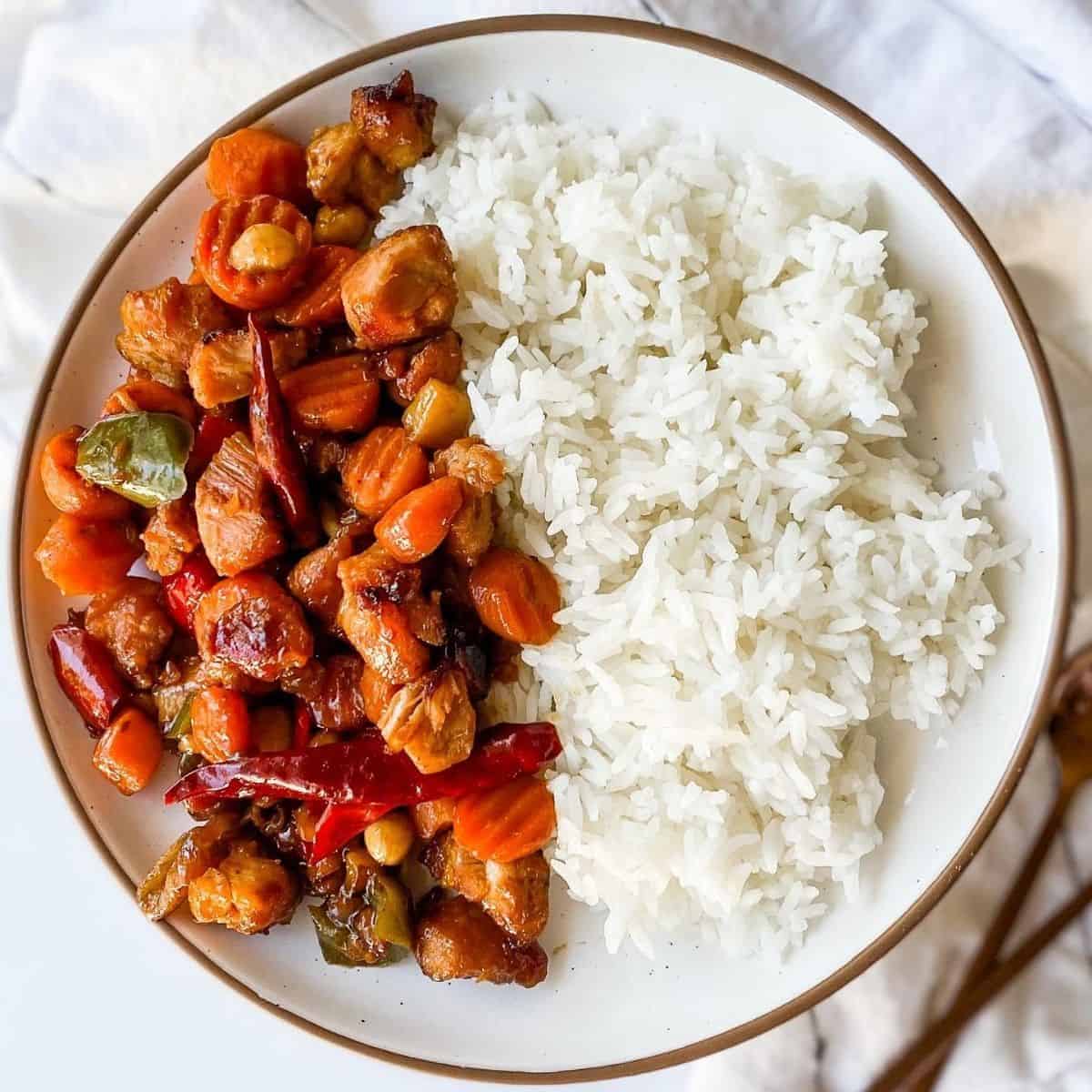 Chinese fakeaway chicken dish with jasmine rice