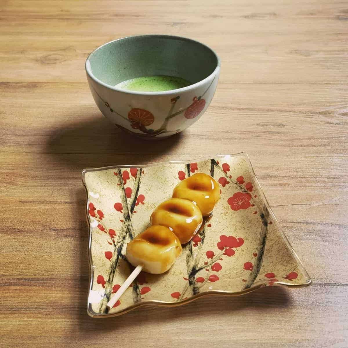 mitarashi dango and matcha tea