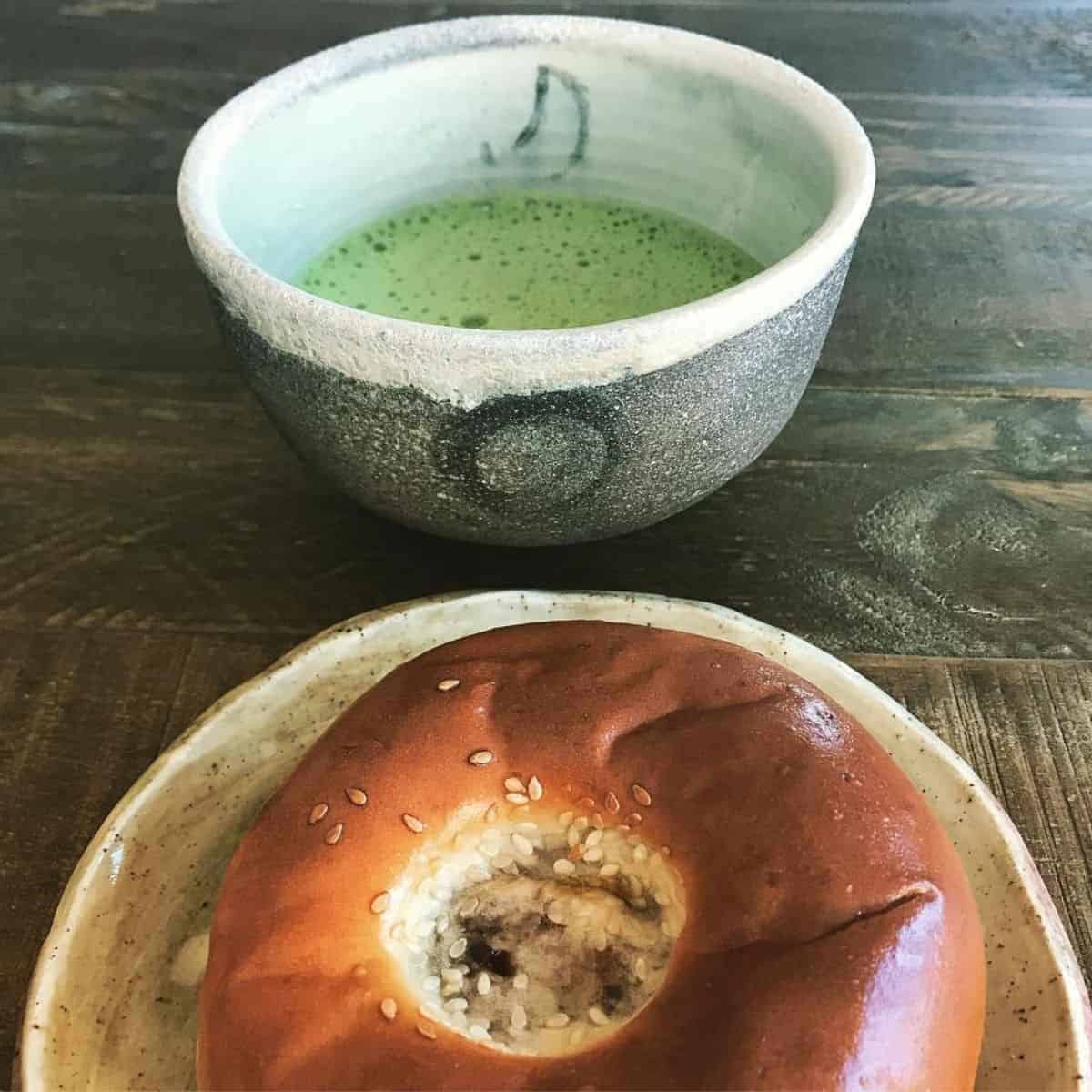 Japanese pastry with Matcha latte