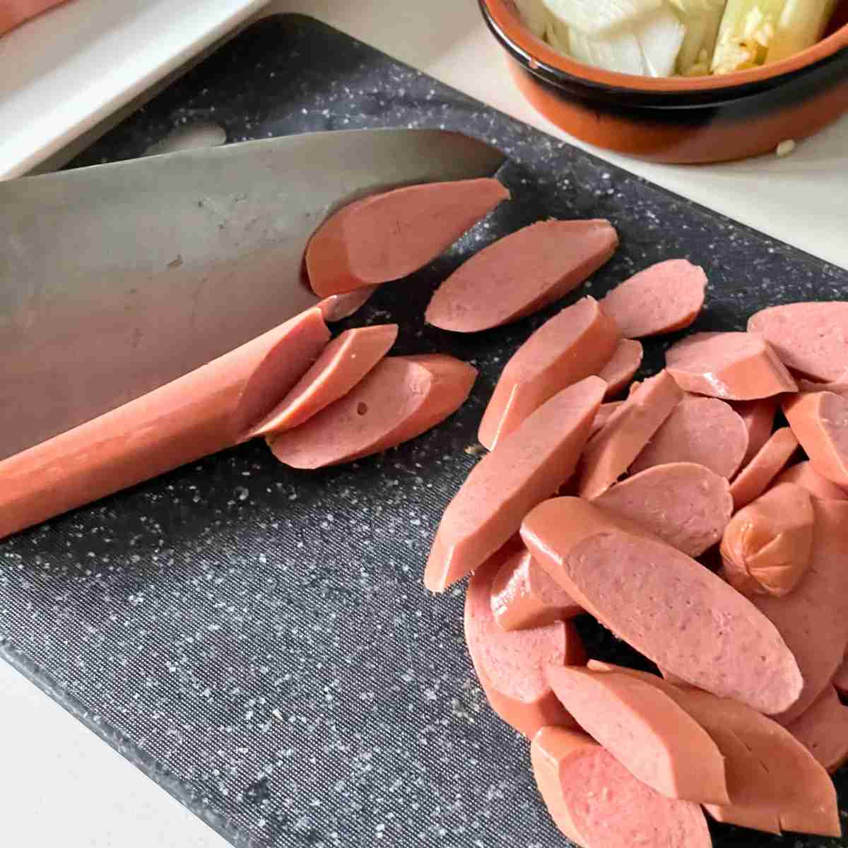 Chicken sausage cut diagonally