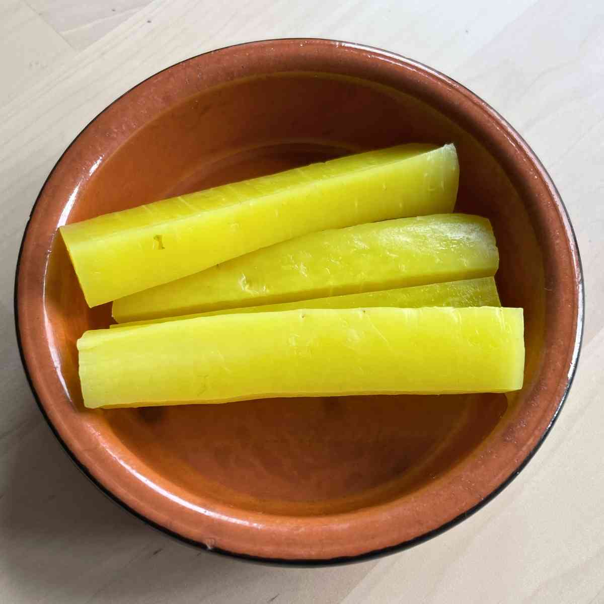 yellow Japanese pickled daikon strips
