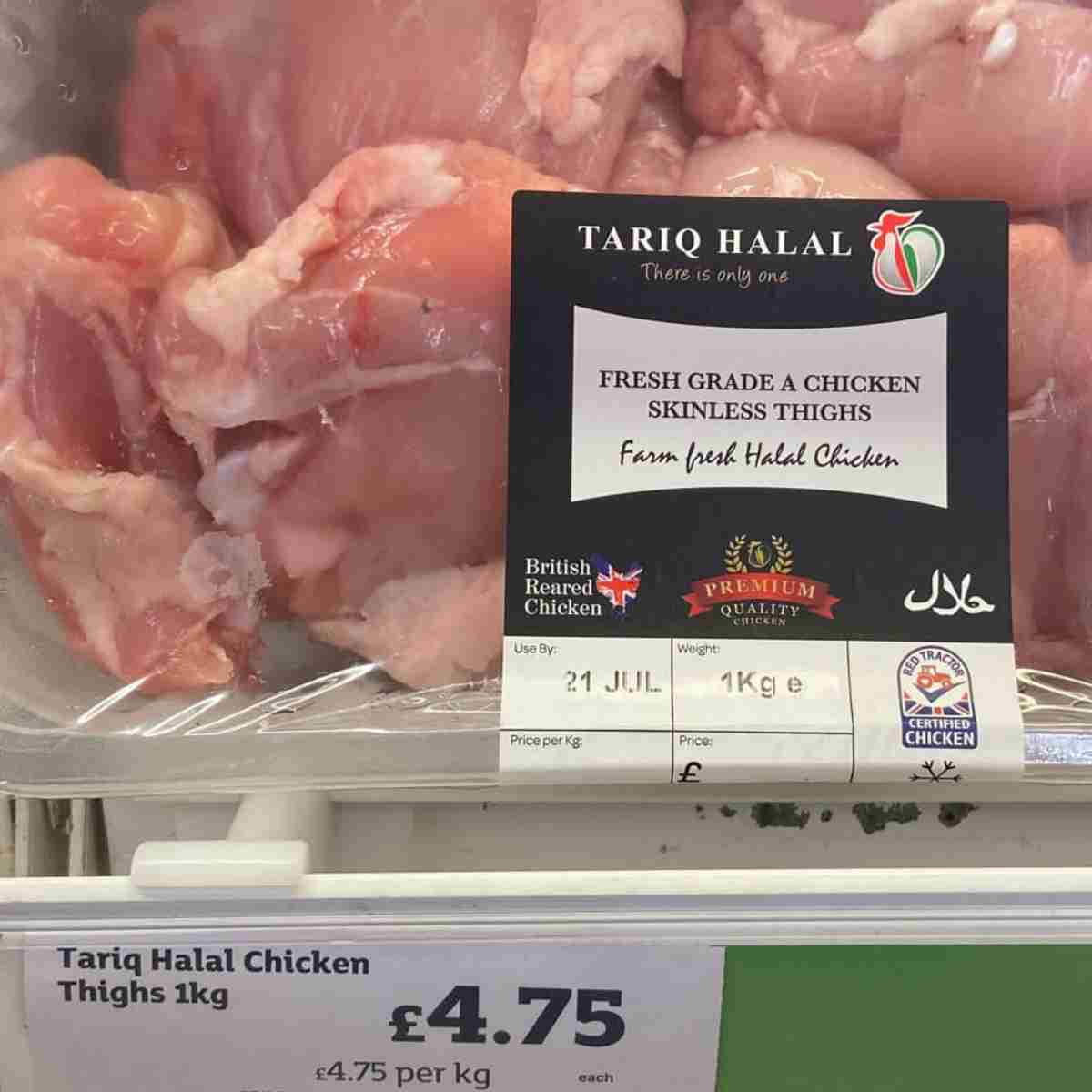 Halal chicken thighs at supermarket
