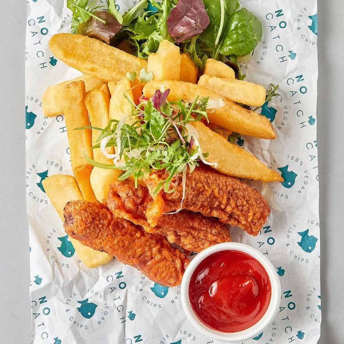 vegan battered sausage and chips The No Catch Co