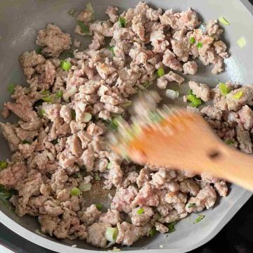 Fry mince meat with green onion
