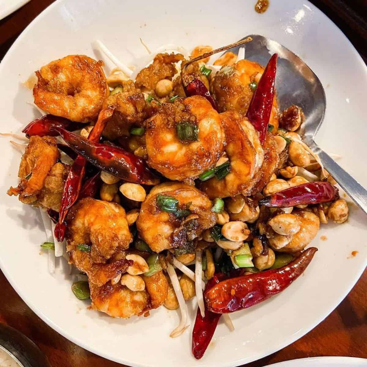 kung pao shrimp dish which has nuts