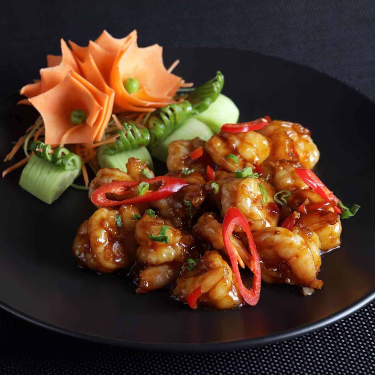 spicy Chinese shrimp dish with vegetable embellishments