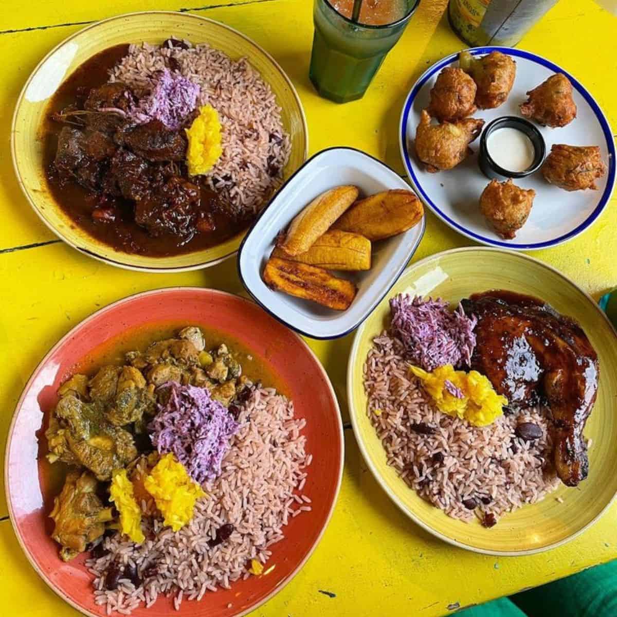 Fish Wings and Tings Fried plantain, Codfish fritters, Jerk chicken, Curries chicken, Stew oxtail