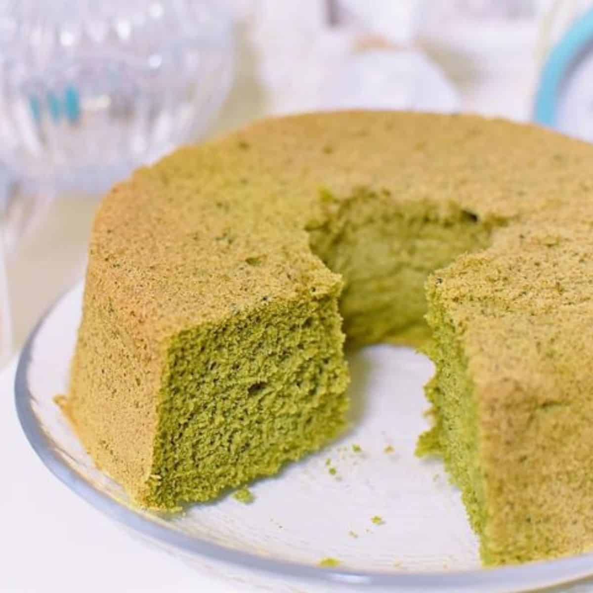 Matcha sponge cake with donut hole in the middle