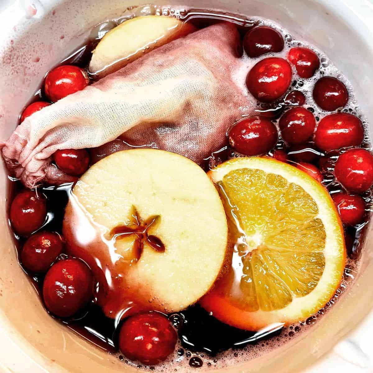 Spiced drink with cranberries, apple, lemon and a tea bag