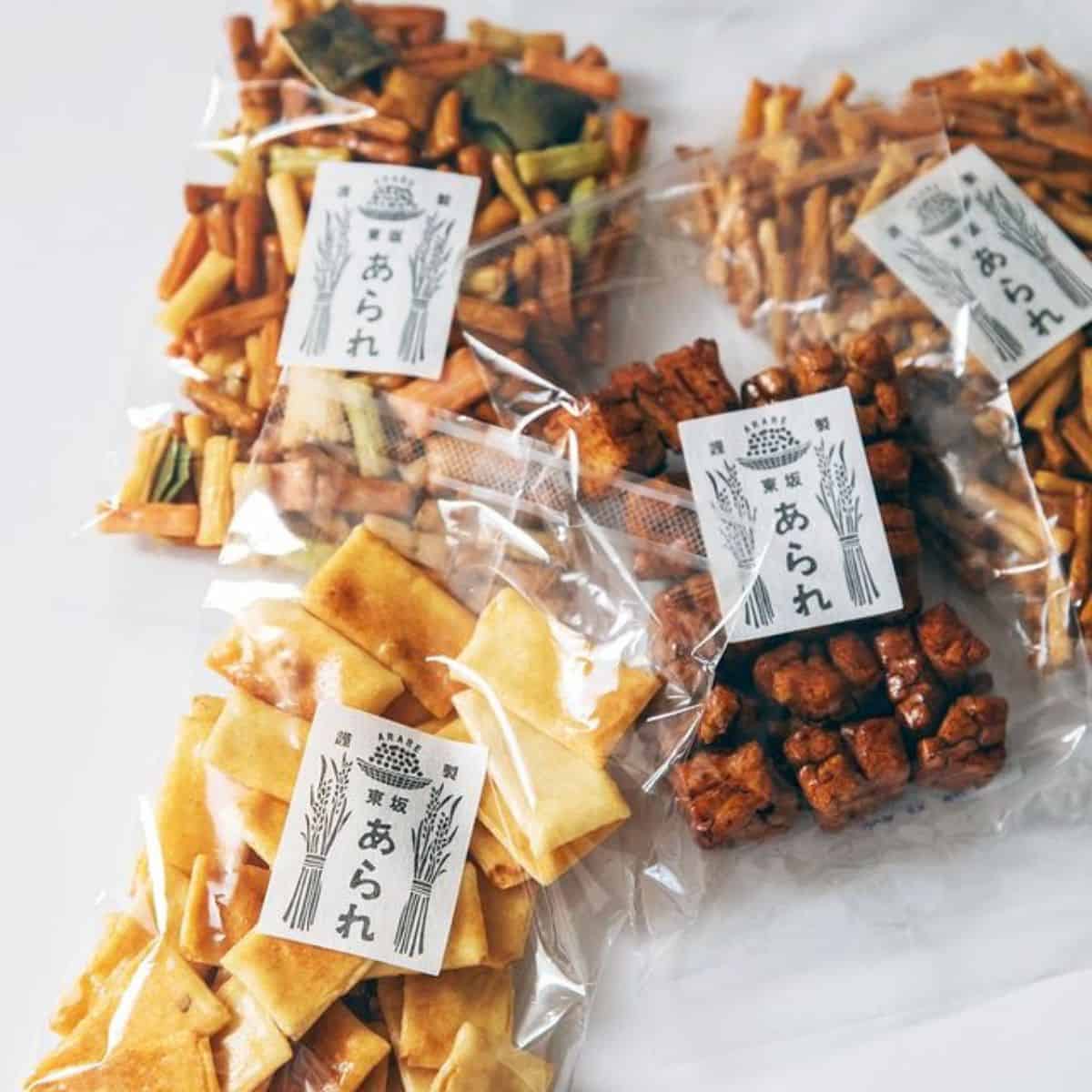 different types and shapes of Japanese rice crackers