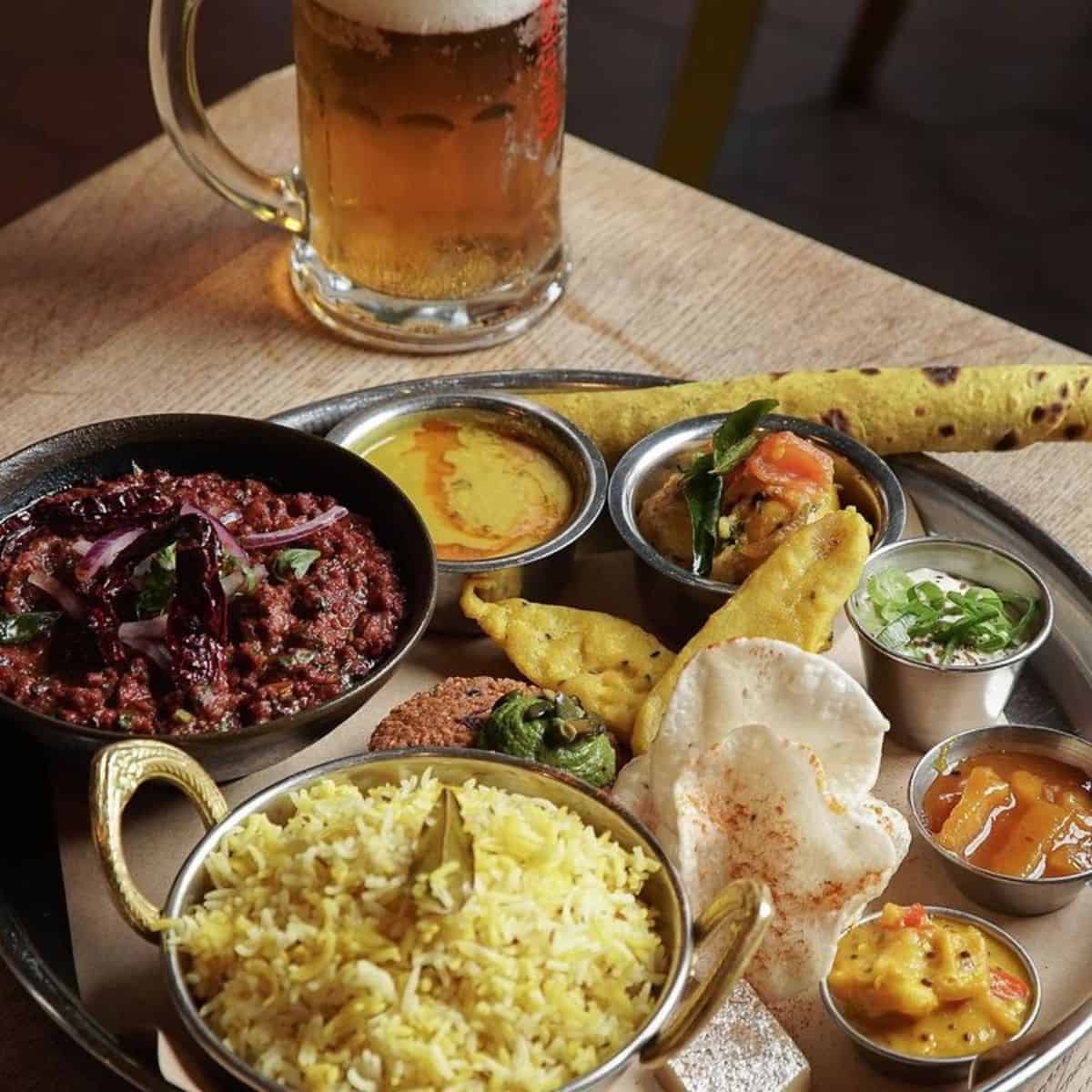 Chilli Pickle Thali with curry, rice, naan and vegetable sides best restaurants in Brighton