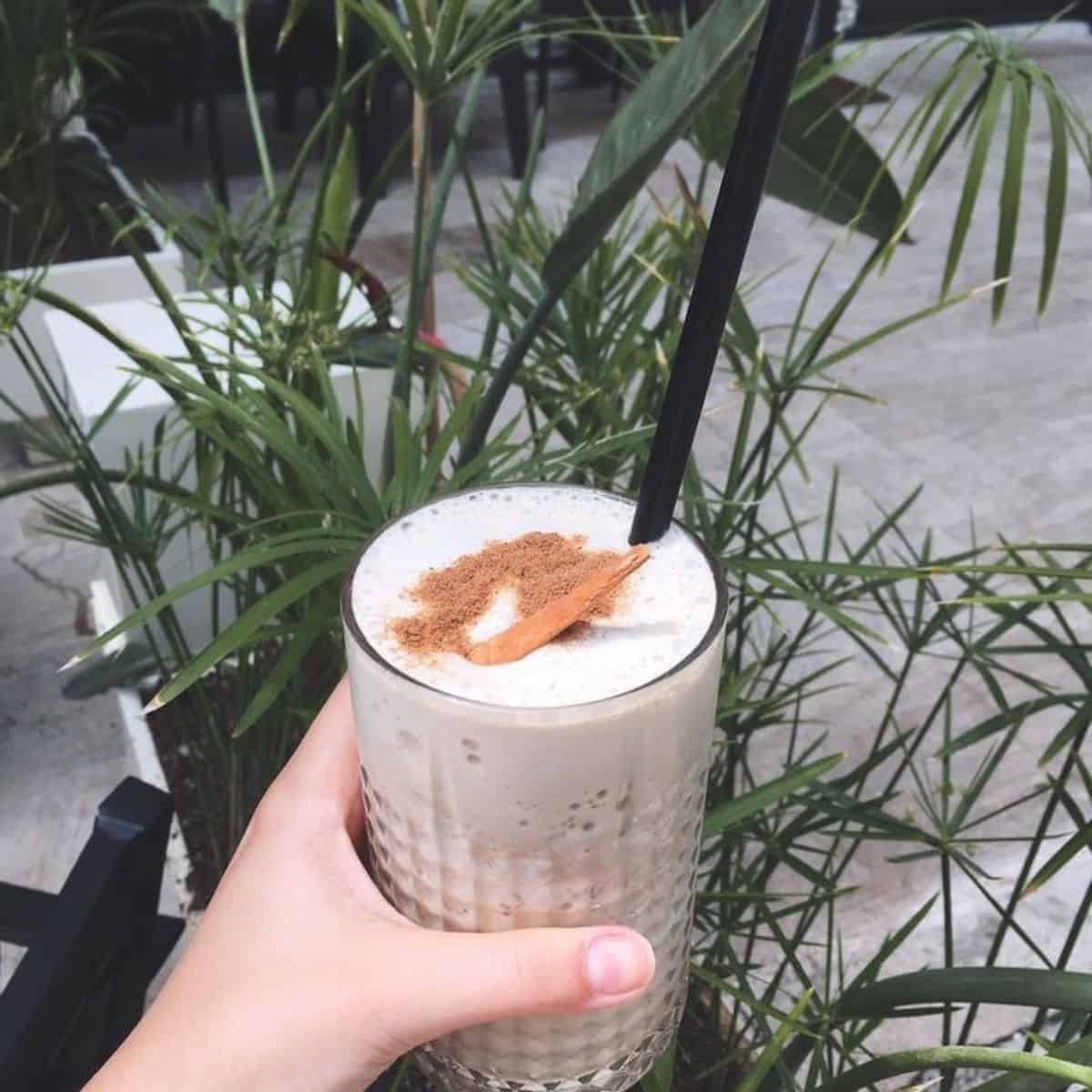 A hand holding a glass of iced chai latte with garnishes on top