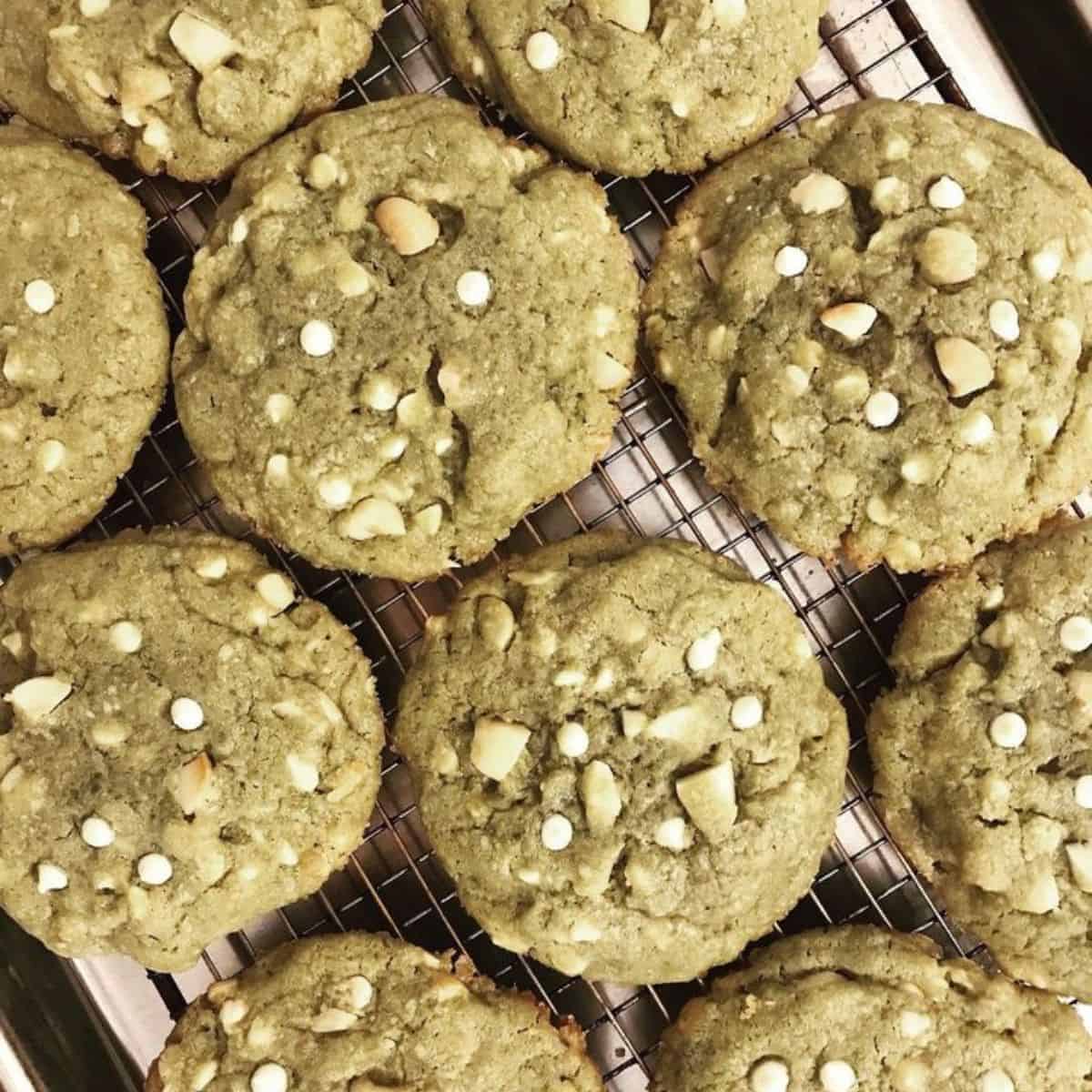 Delicious green tea treats mixed with hazelnuts and white chocolate chips