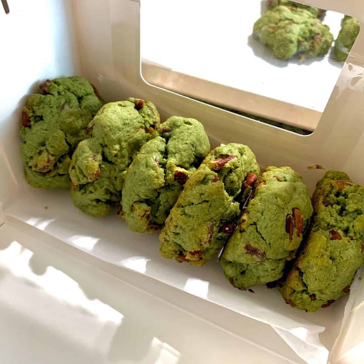 Neatly arranged Matcha Cookies in a white box