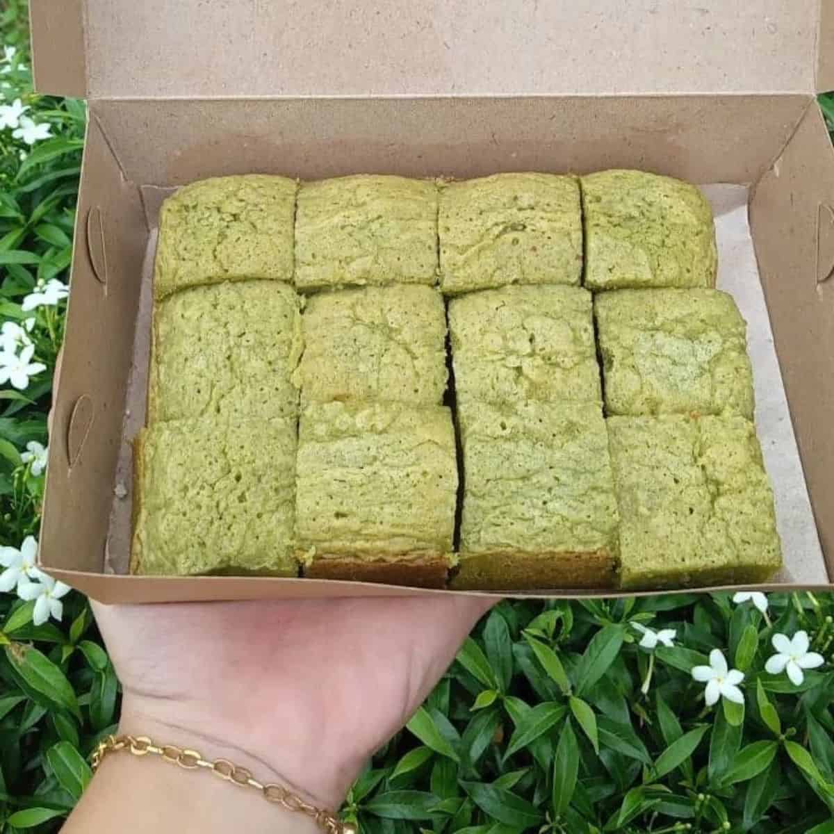 A hand holding Matcha cakes in a brown box