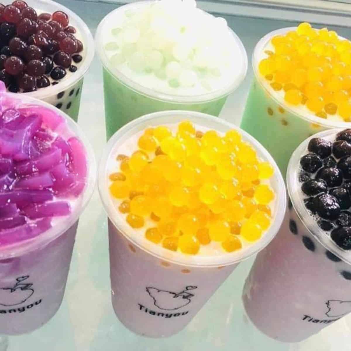 Six different colourful toppings which serve as choices to your Passion fruit boba beverage.