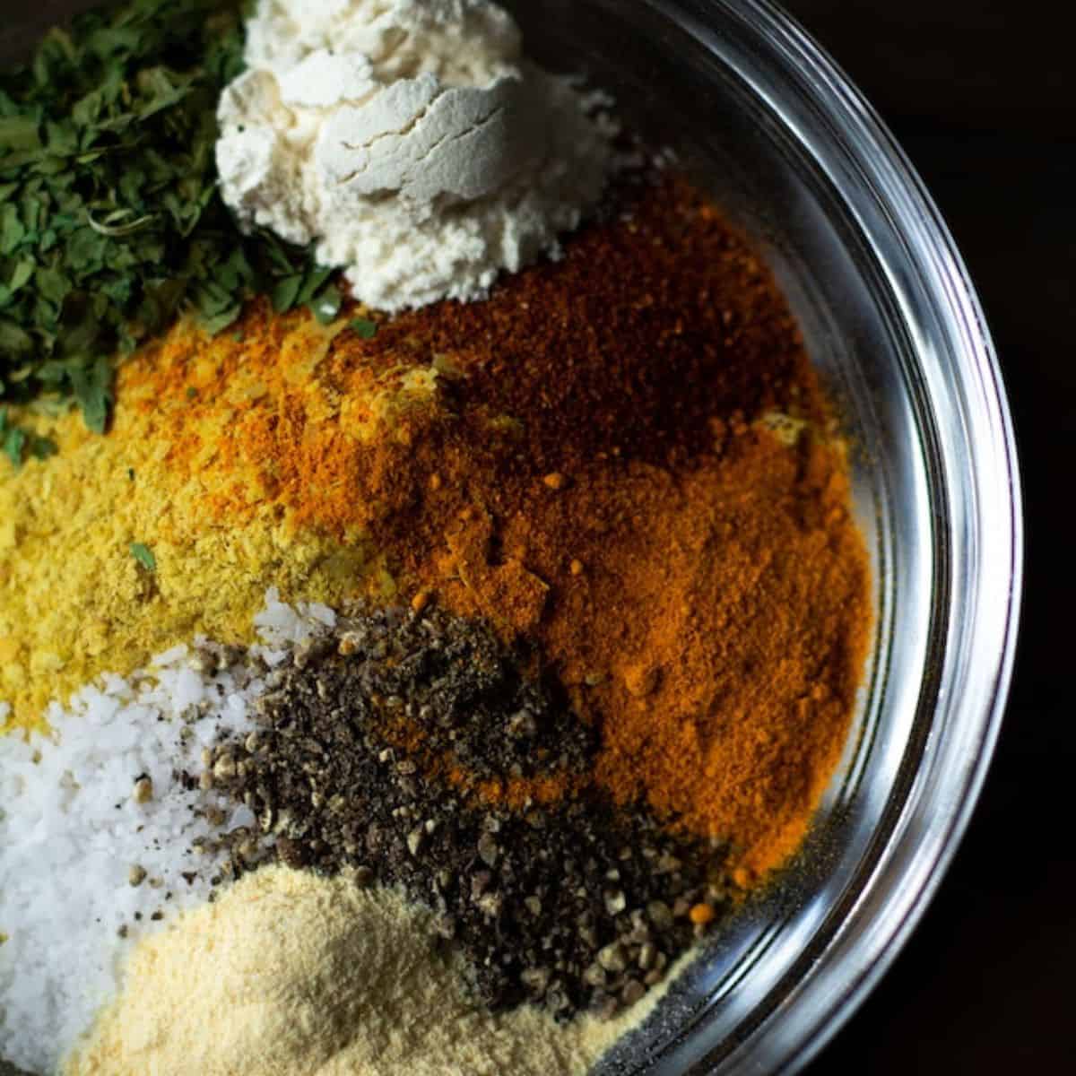 Different powders mixed in a glass bowl
