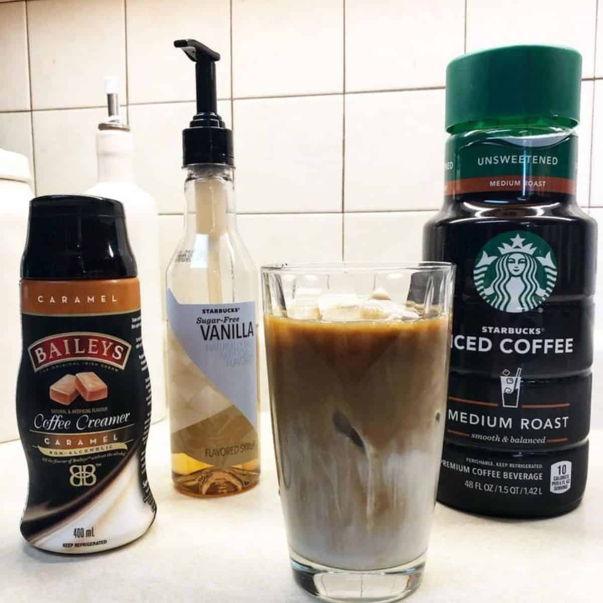 Iced coffee with sugar free vanilla syrup and other ingredients on display
