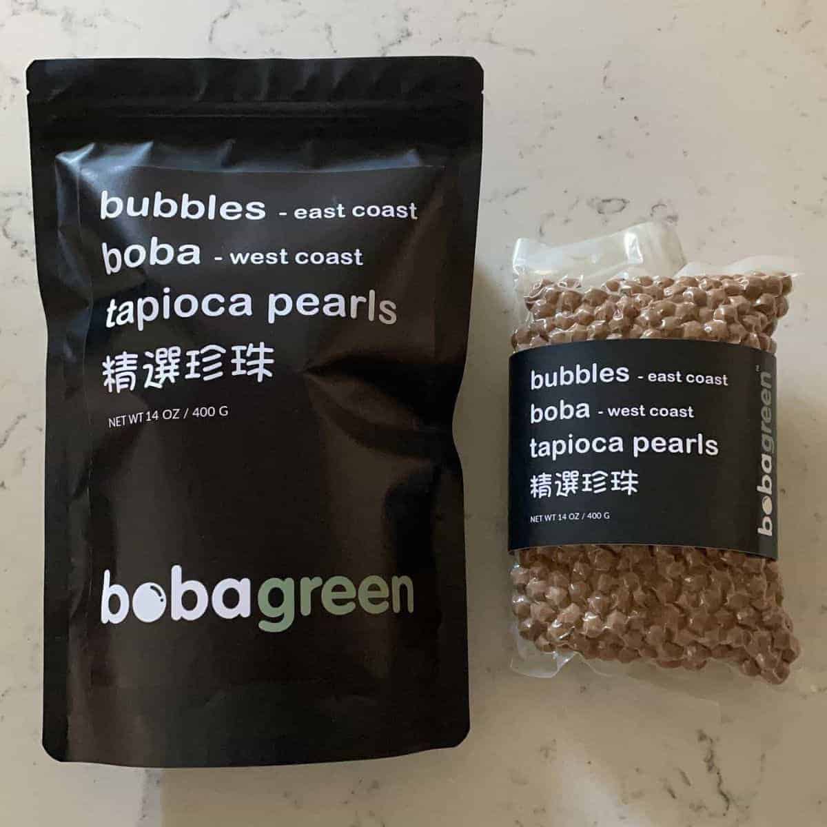Brown tapioca pearls from Boba Green in two packages