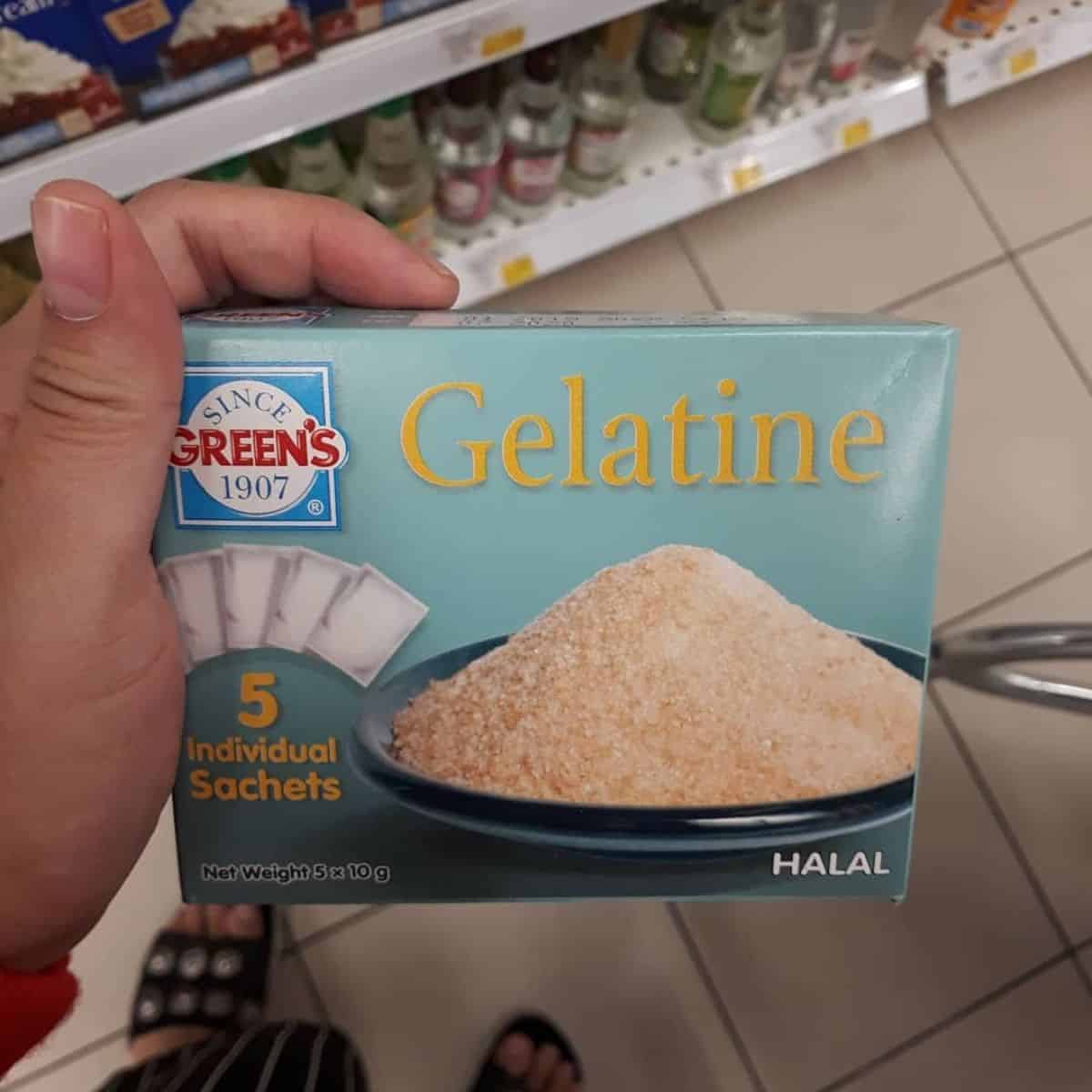 Gelatin powder in a small box as an ingredient for lychee jelly recipe