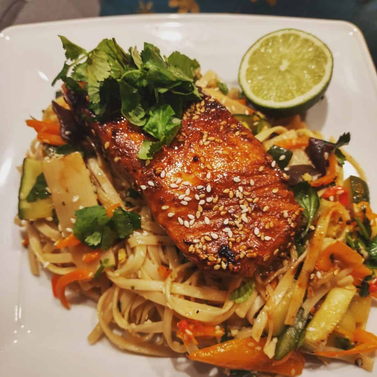 Mouthwatering pasta with Teriyaki Salmon on top