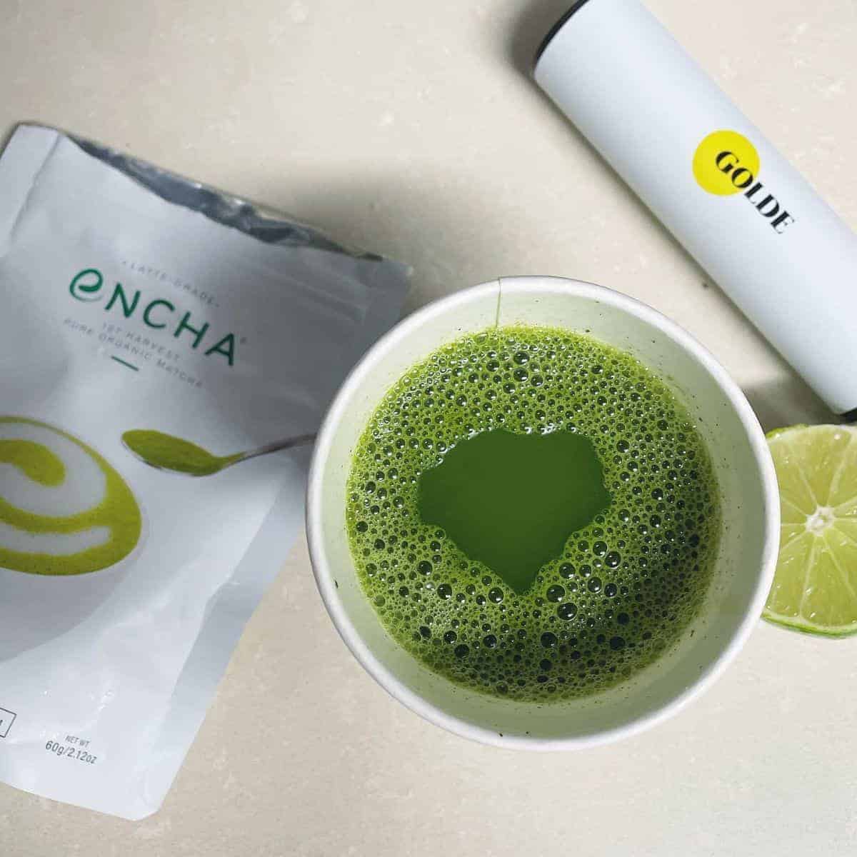  A hot cup of matcha powder drink