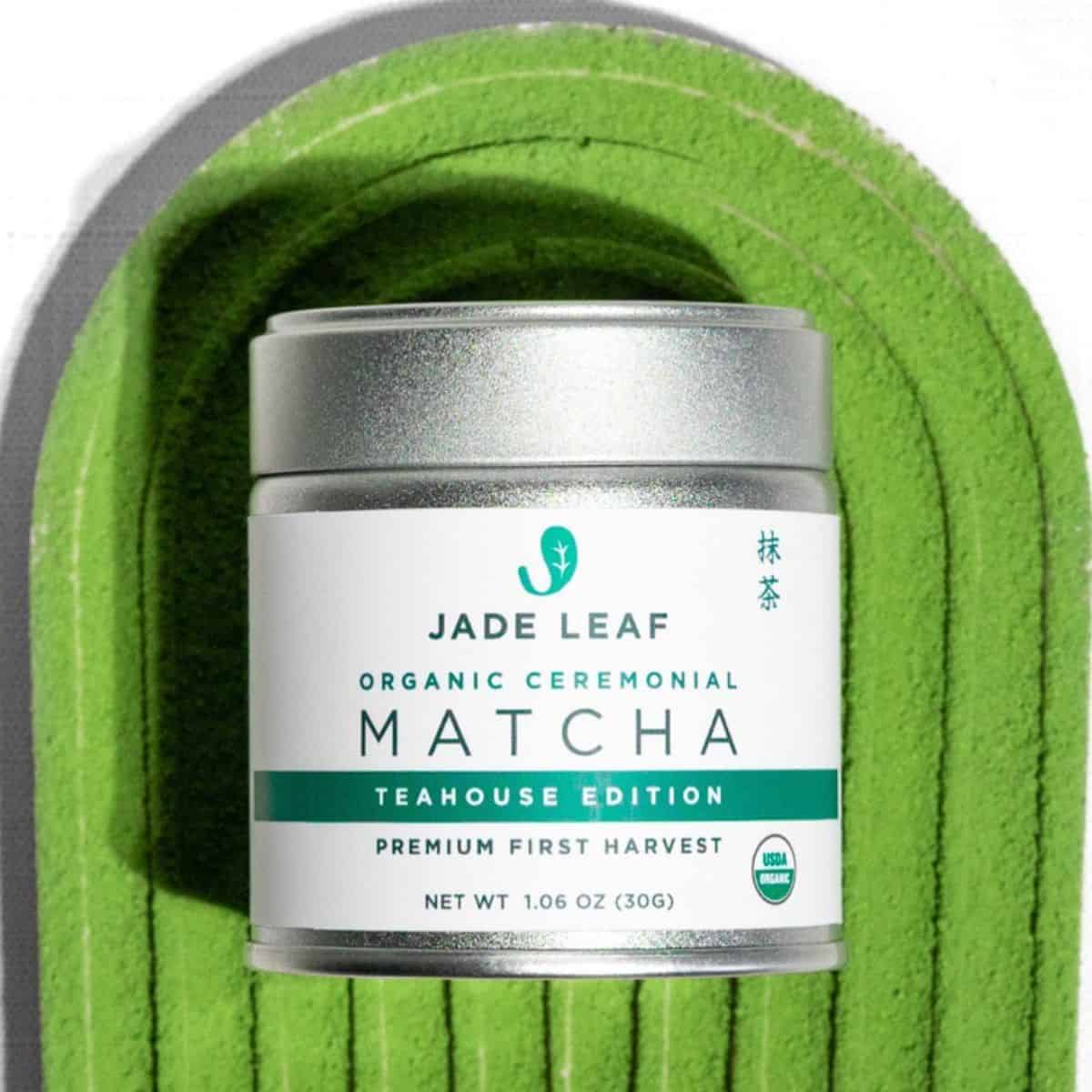 Organic ceremonial matcha powder in a grey bottle