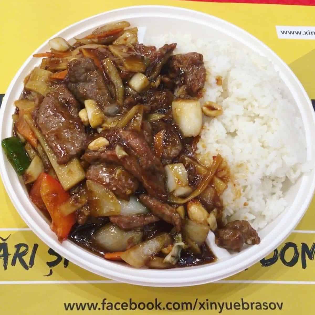 One serving of Kung Pao Beef rice bowl