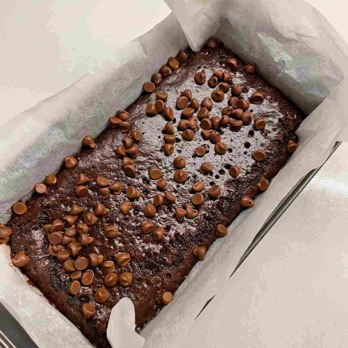 Sprinkle chocolate chip on brownie baking