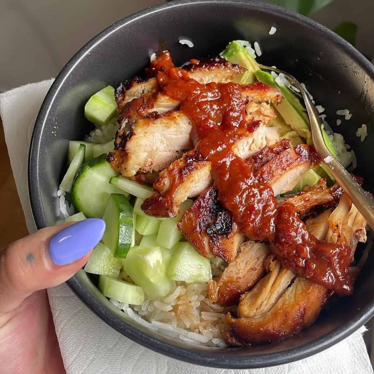 Palatable Sambal Chicken with diced cucumber topped with sambal