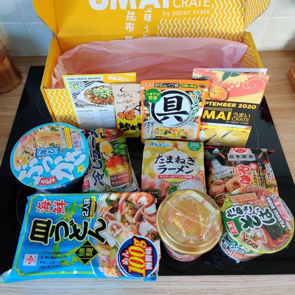 Yellow Umai Crate package full of instant noodles